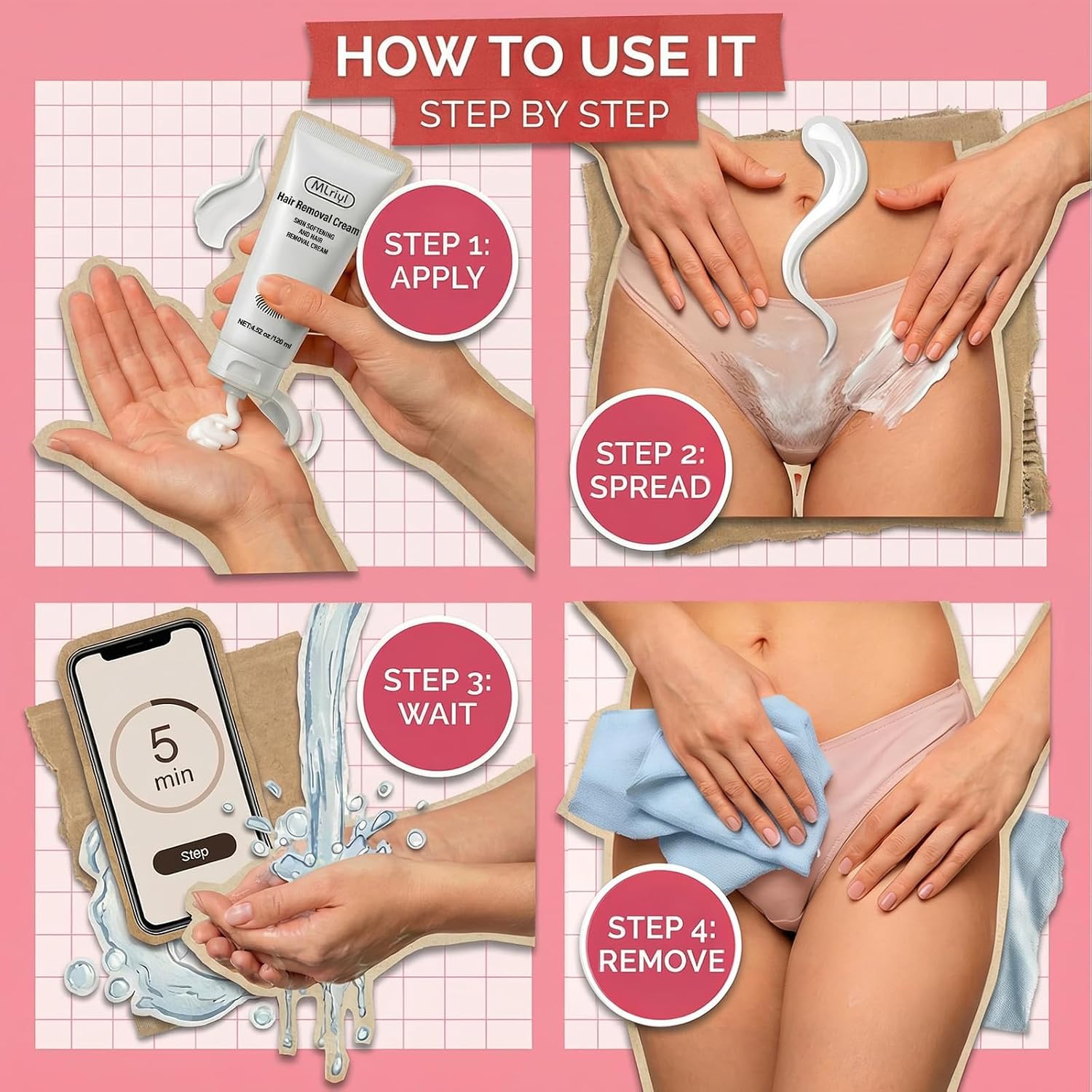 Body Hair Removal Cream for Women, Painless & Fast Acting for Legs, Bikini Line & Underarms, Sensitive Skin Friendly Depilatory Cream, 4.52 Oz
