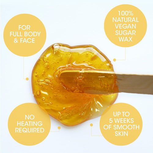 100% Natural Sugar Wax Kit, Vegan, Hypoallergenic, No-heat Formula Waxing Sugar Paste, Includes 6 Wooden Spatulas, 10 Reusable 100% Cotton Strips