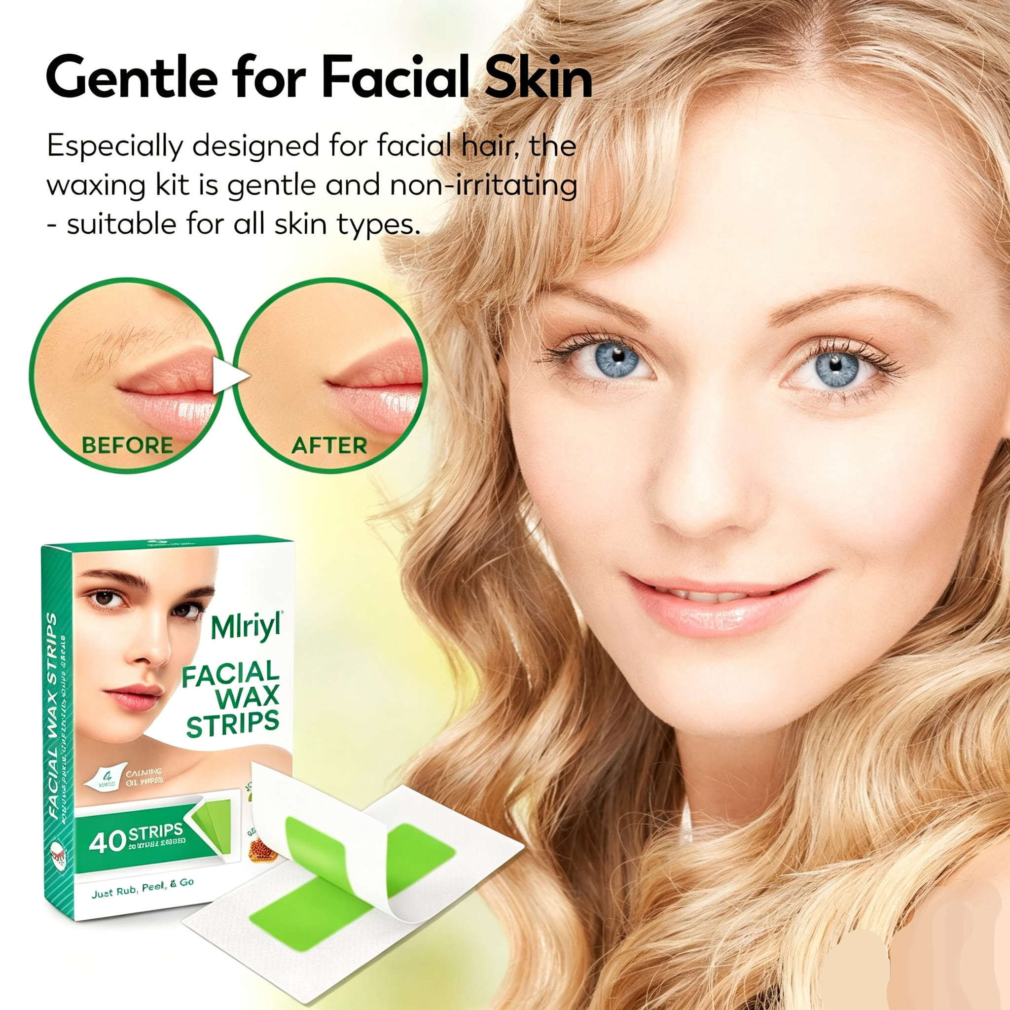 Facial Wax Strips for Hair Removal - Hypoallergenic for All Skin Types - Gentle and Fast-Working for Face, Eyebrow, Upper Lip, and Chin