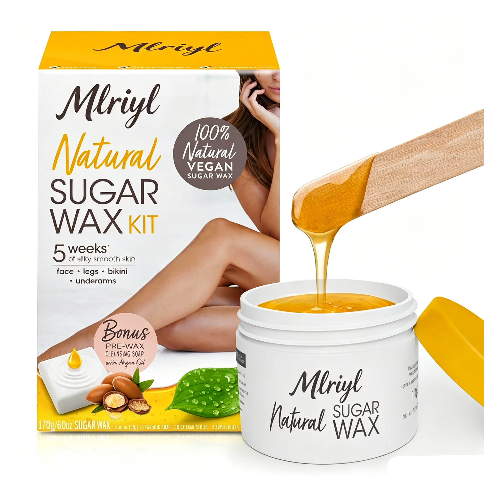 100% Natural Sugar Wax Kit, Vegan, Hypoallergenic, No-heat Formula Waxing Sugar Paste, Includes 6 Wooden Spatulas, 10 Reusable 100% Cotton Strips