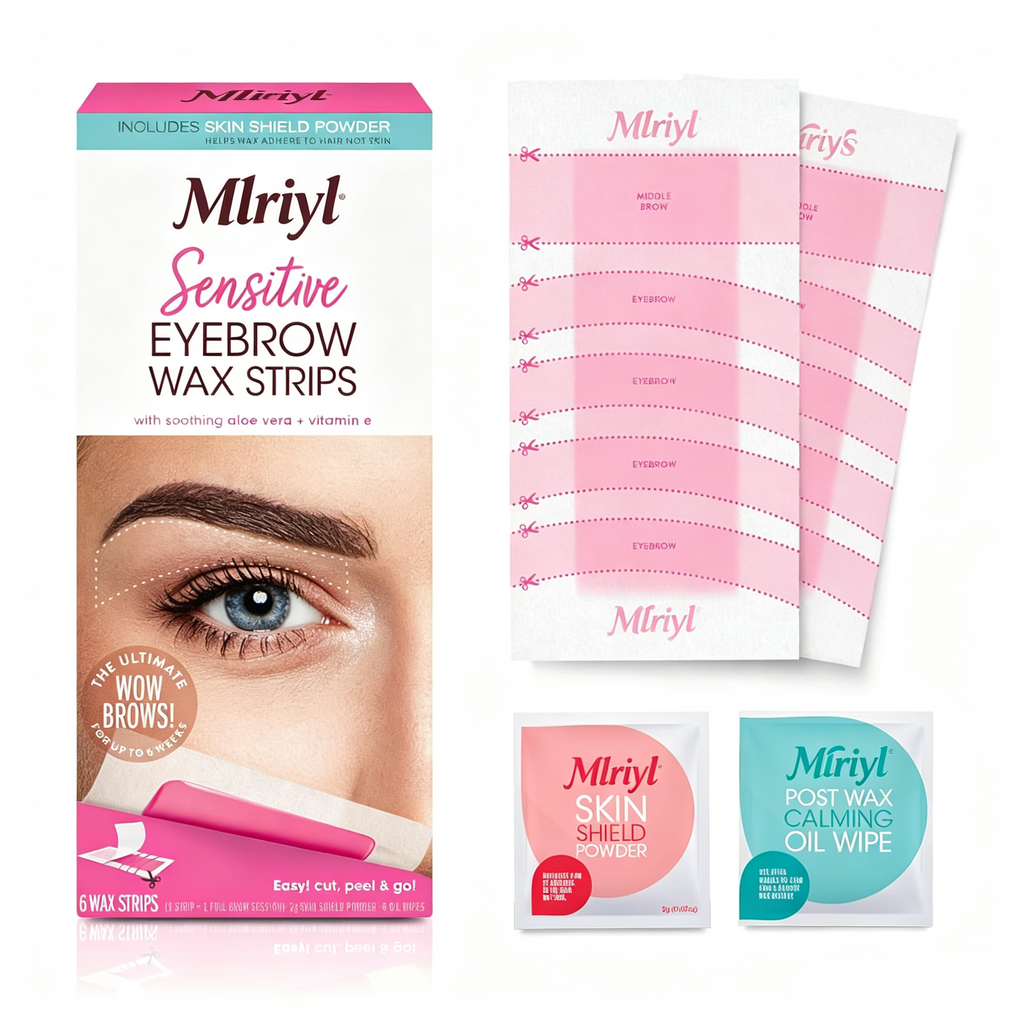 Eyebrow Wax Strips - Facial Hair Removal for Women - Eyebrow Wax Kit with 6 Eyebrow Waxing Strips + 6 Calming Oil Wipes + 2g Skin Protection Powder