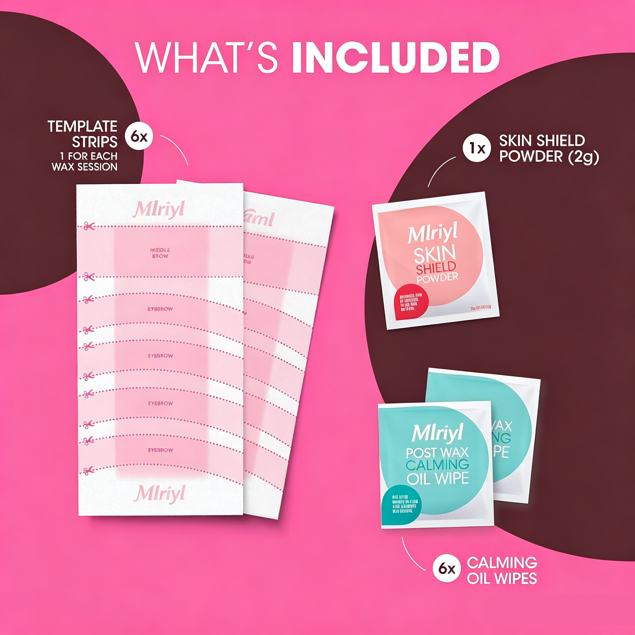 Eyebrow Wax Strips - Facial Hair Removal for Women - Eyebrow Wax Kit with 6 Eyebrow Waxing Strips + 6 Calming Oil Wipes + 2g Skin Protection Powder