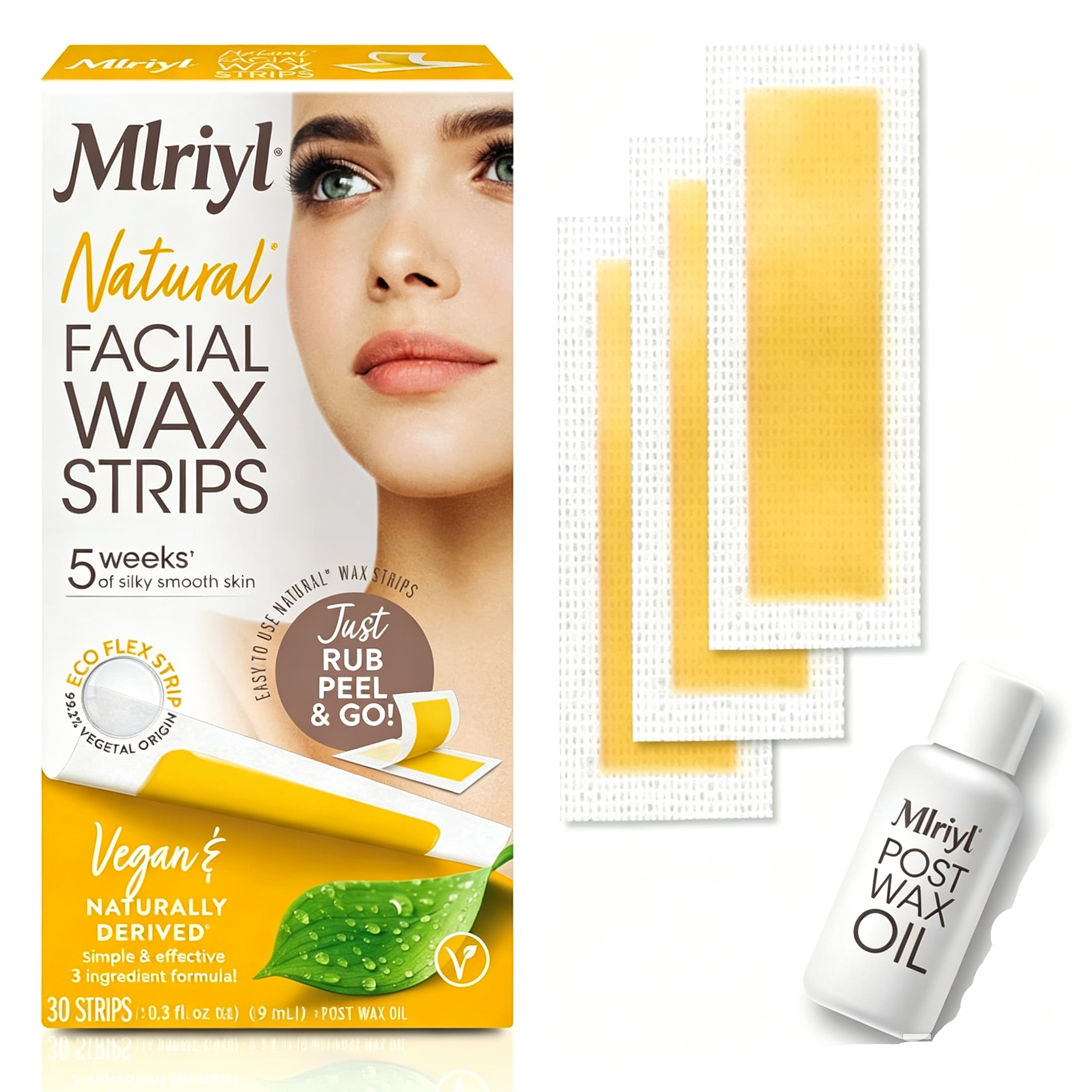 Facial Wax Strips - Natural All Skin Types - Waxing Kit With 30 Face Wax Strips & Post Wax Oil
